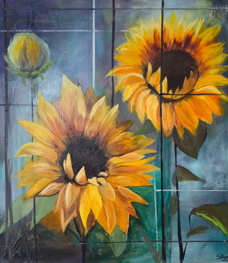 ’Sunflower Serenade’ Original mixed media oil painting 30’’x30’’x2’’ cradled Gesso Board $975 painting