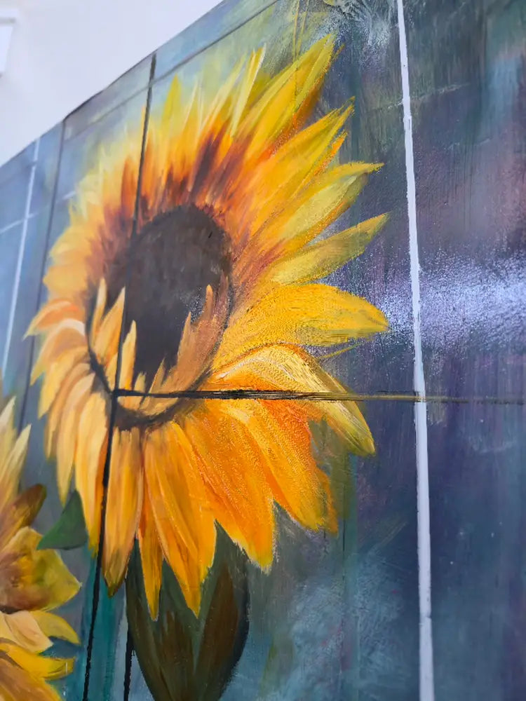 ’Sunflower Serenade’ Original mixed media oil painting 30’’x30’’x2’’ cradled Gesso Board $975 painting