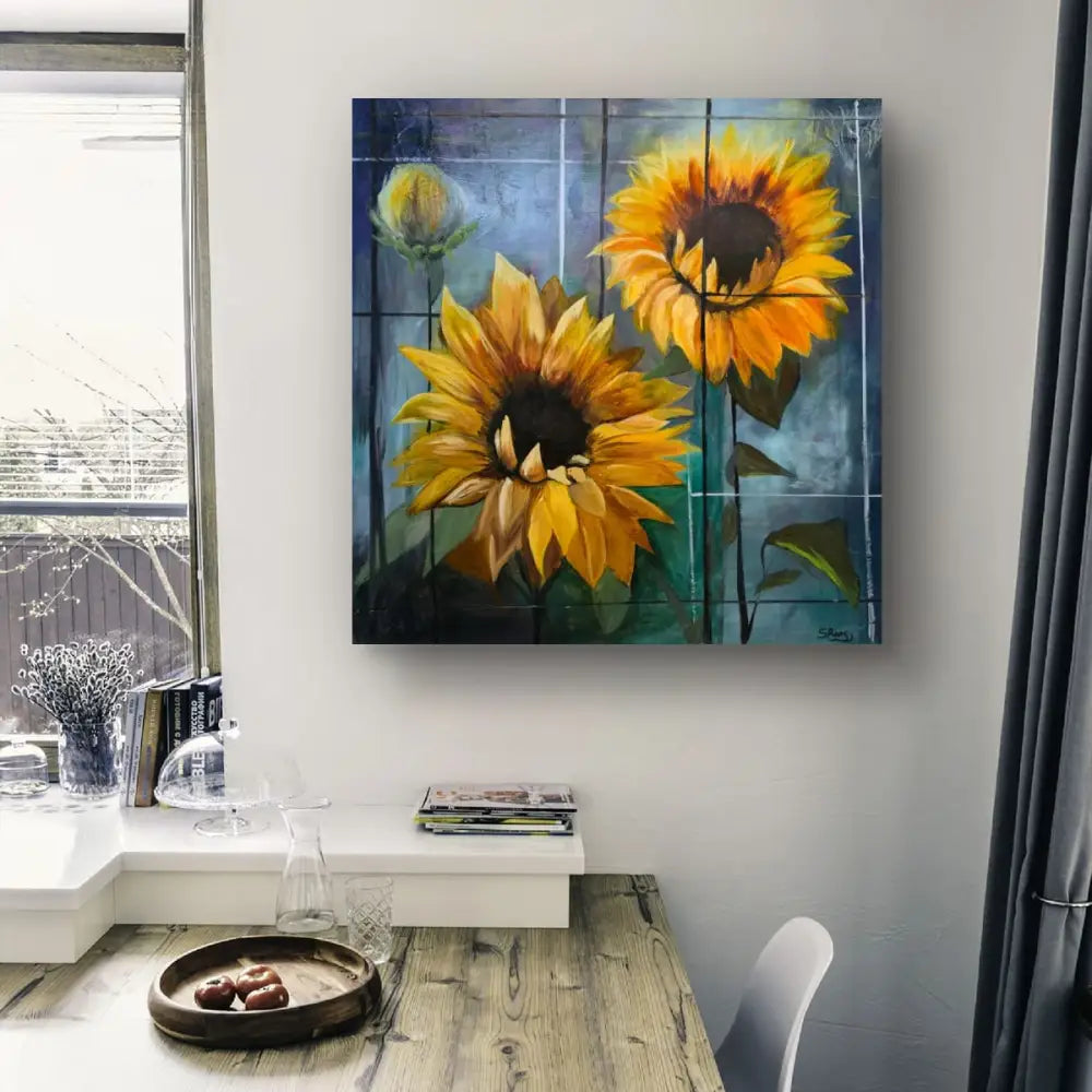 ’Sunflower Serenade’ Original mixed media oil painting 30’’x30’’x2’’ cradled Gesso Board $975 painting