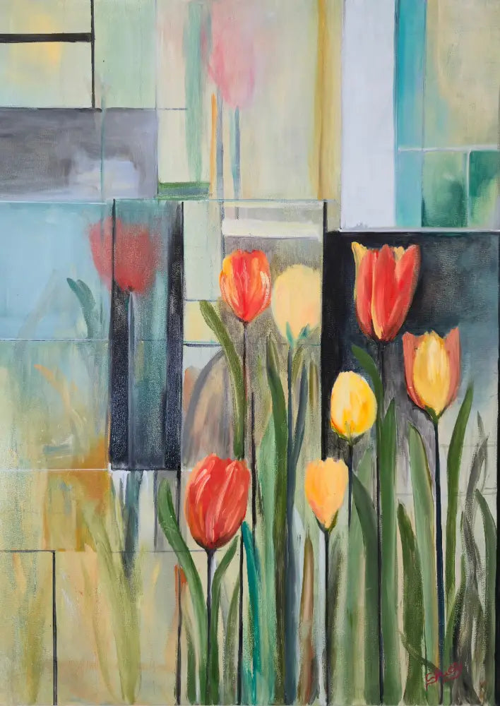 ’Tulip Garden’ Original mixed media oil painting on 24’’x 18’’x 1.5’’ cradled Gesso board $275 painting