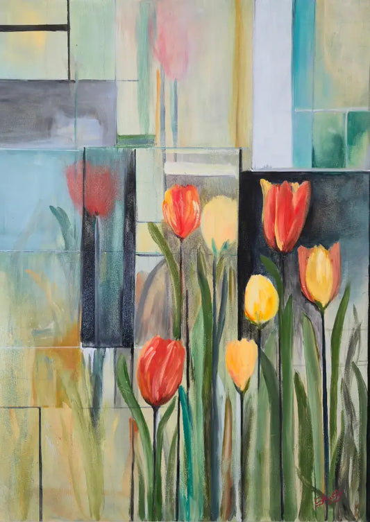 ’Tulip Garden’ Original mixed media oil painting on 24’’x 18’’x 1.5’’ cradled Gesso board $275 painting